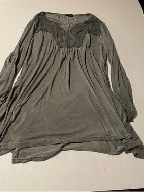 Long Sleeve Lace Yoke Tunic Dress in Gray